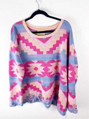 WILDFOX White Label Distressed Aztec Print Oversized Sweater Size Small Boho